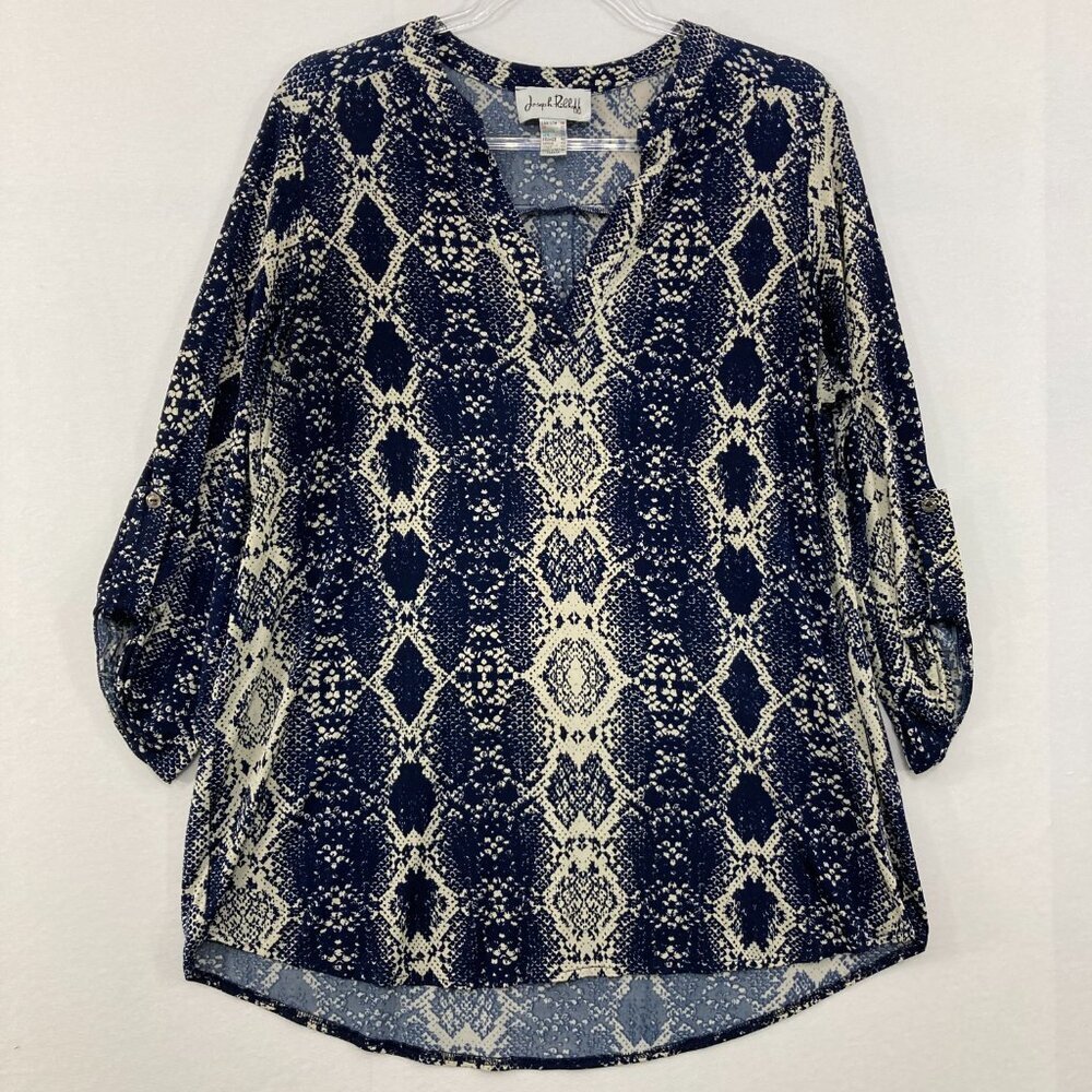 Joseph Ribkoff size 10 Blue Tan Abstract Animal Print Stretch 3/4 Sleeve Blouse